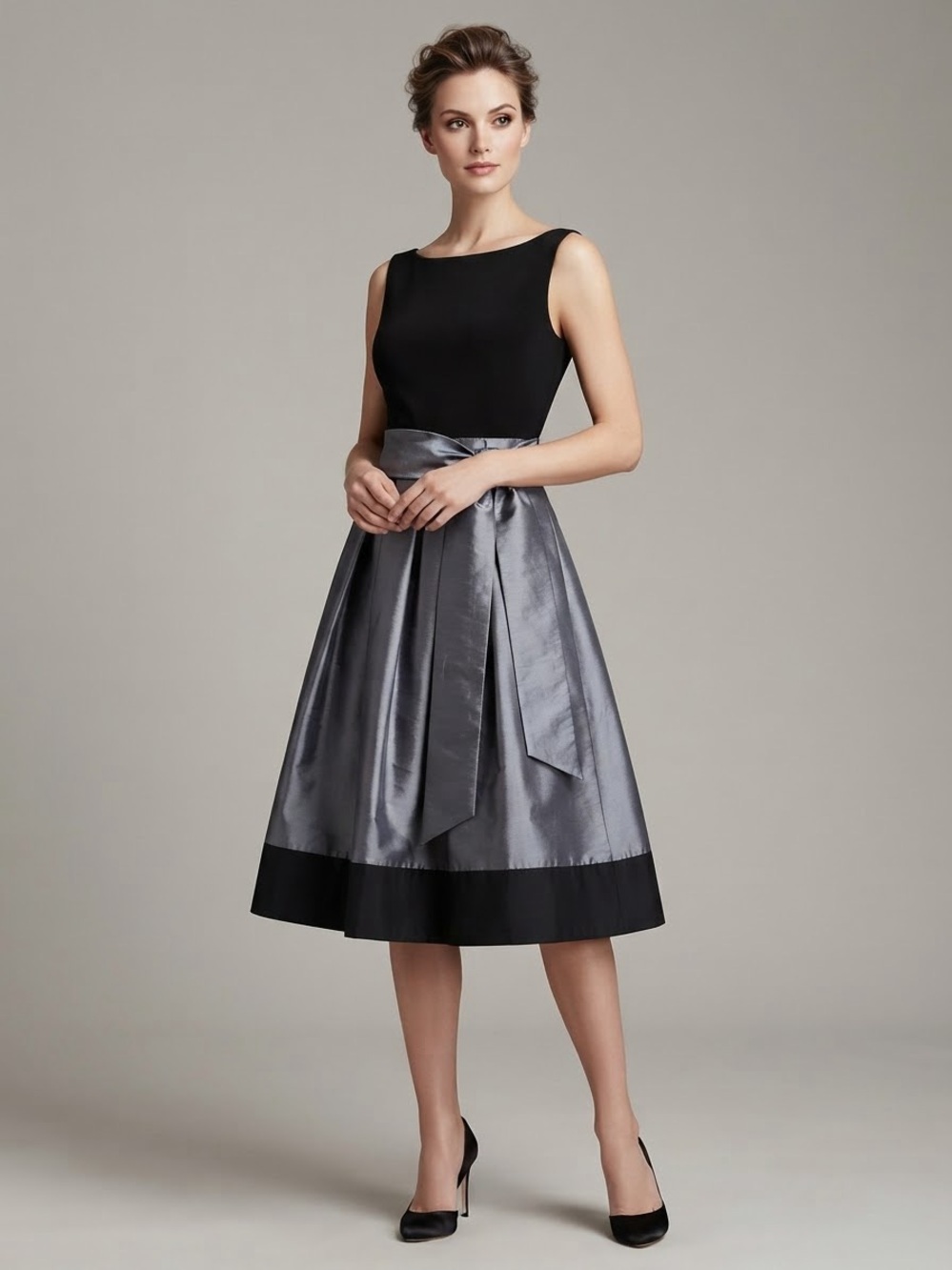 Laura Black and Metallic Gray A-Line Midi Skirt with Waist Sash